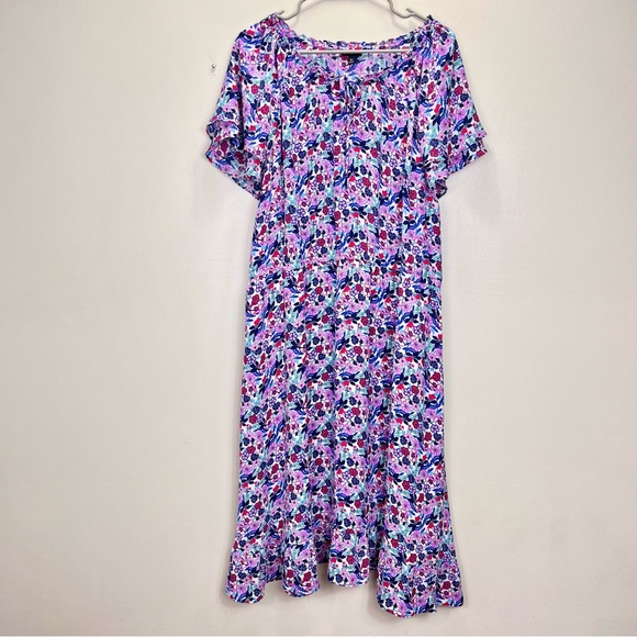 Talbots Paradise Purple Floral Flutter‎ Sleeve Popover Midi Dress Size 16W - Picture 4 of 13